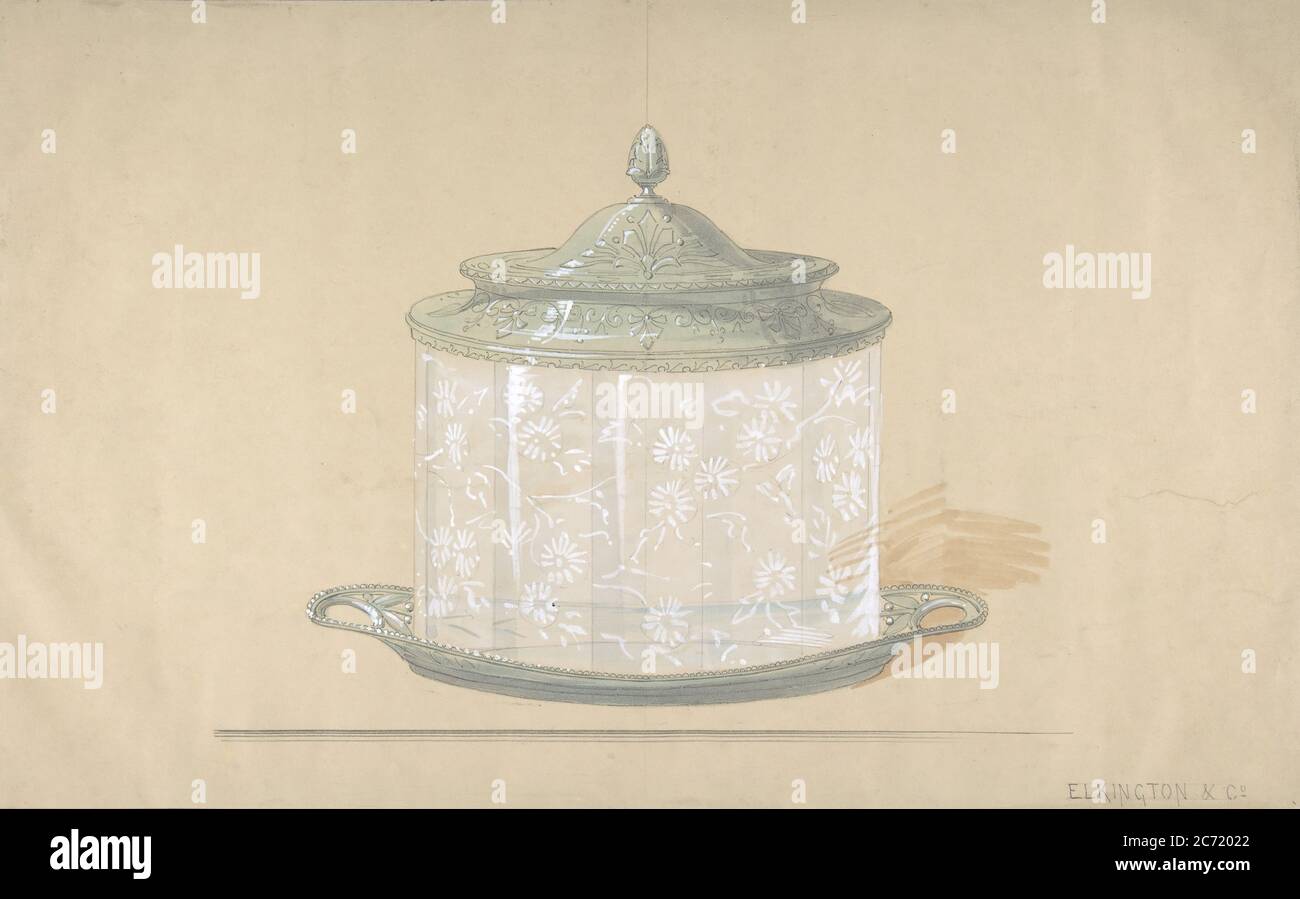 Conception pour une boîte en verre avec base et couvercle en argent, 1820-65. Banque D'Images