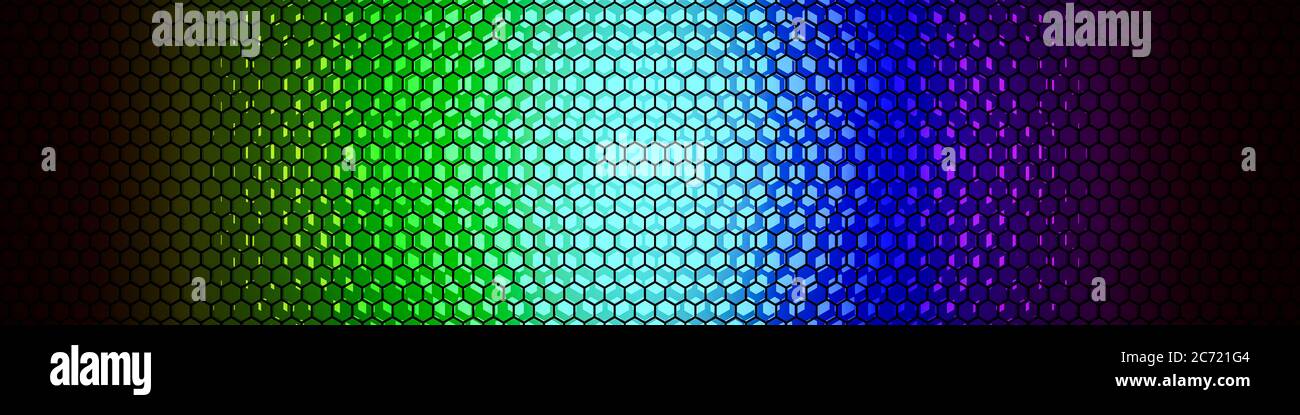 Rendu 3d : arrière-plan arc-en-ciel abstrait vu à travers le motif nid d'abeille du métal noir. Effet de vignette. Taille de la bannière Banque D'Images