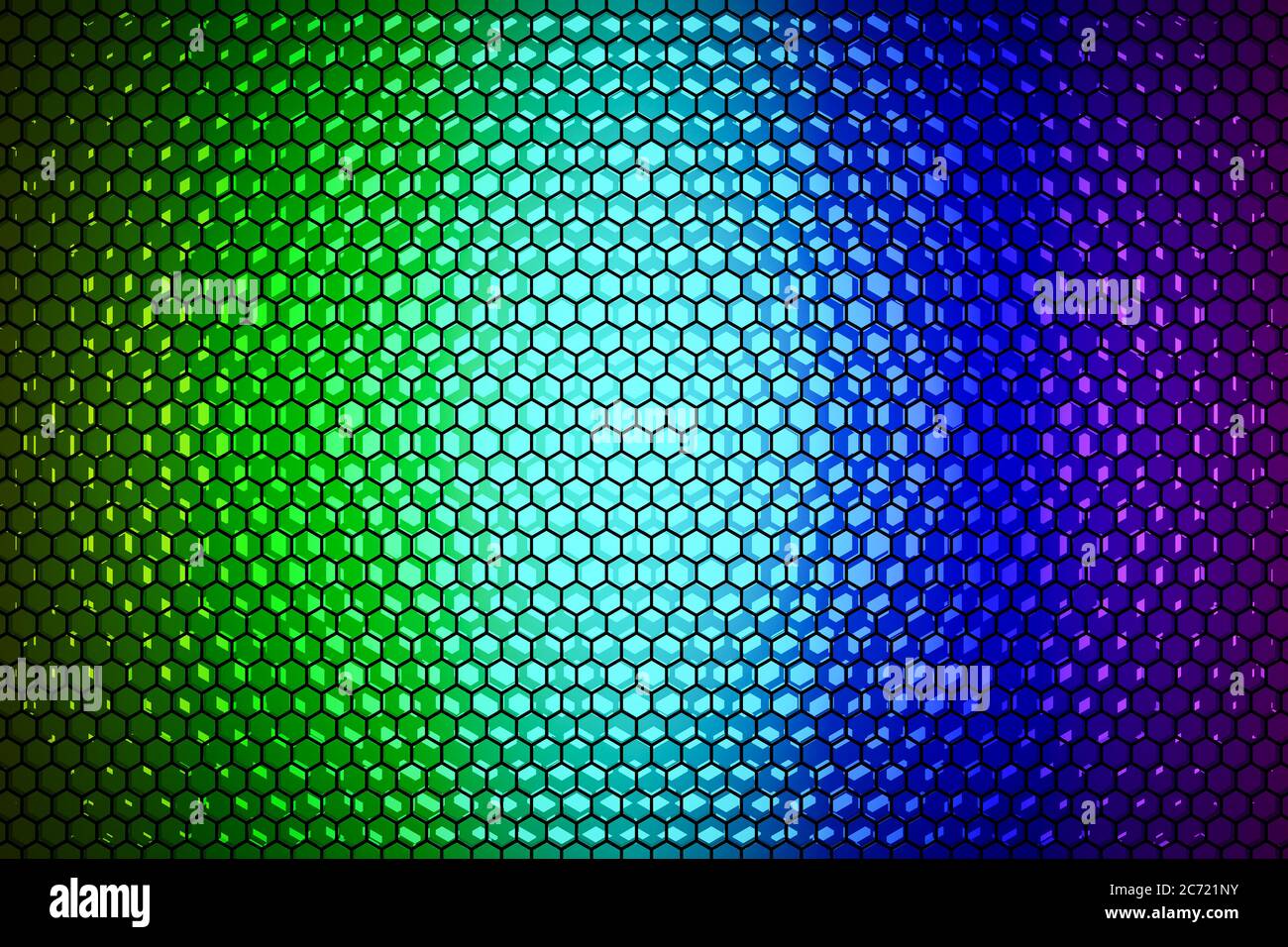 Rendu 3d : arrière-plan arc-en-ciel abstrait vu à travers le motif nid d'abeille du métal noir. Effet de vignette. Banque D'Images