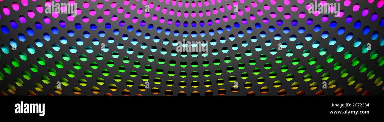 Rendu 3d : arrière-plan arc-en-ciel abstrait visible à travers la plaque perforée circulaire noire. Effet de vignette. Taille de la bannière Banque D'Images