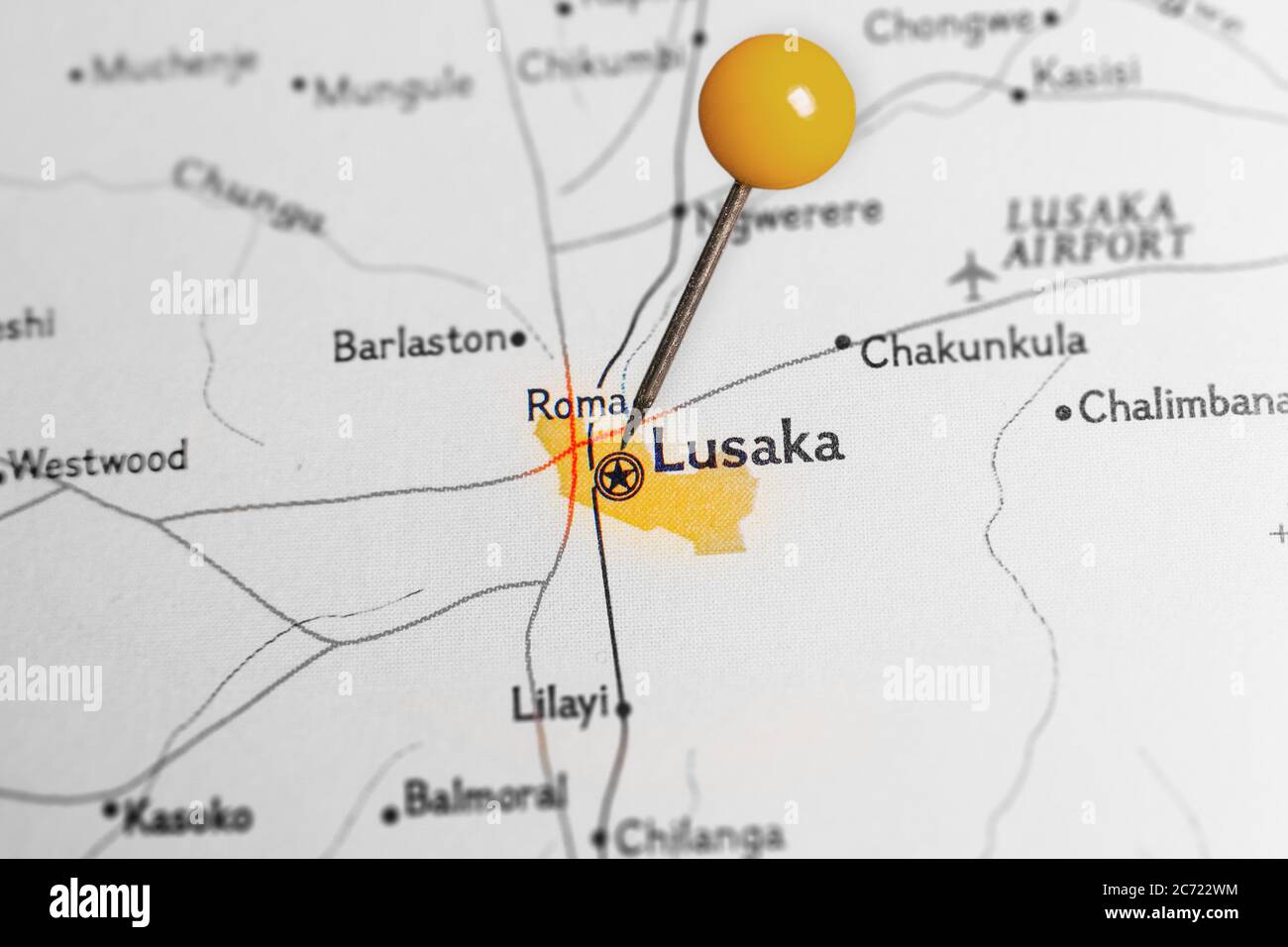 Lusaka, Zambie sur la carte marquée avec la goupille Banque D'Images