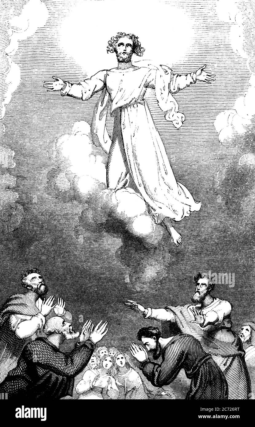 Une image gravée de Jésus Christ résurrection Ascension dans le ciel à Pâques d'un livre victorien vintage daté de 1836 qui n'est plus Banque D'Images