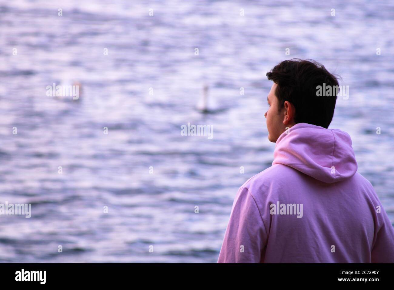 Portrait d'un jeune homme en profil devant un lac et une forêt. Adolescent en chandail rose regardant loin sur l'eau Banque D'Images