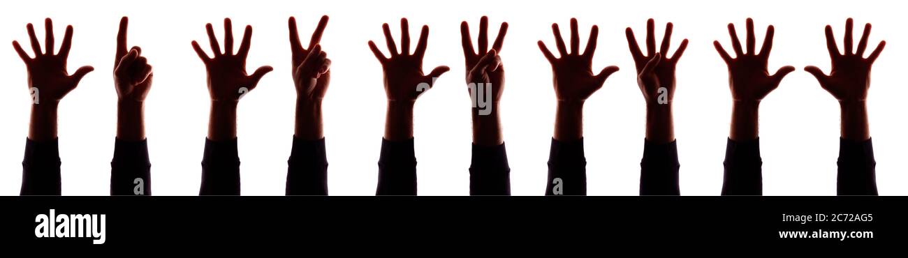 Beaucoup de mains d'un jeune homme avec ses doigts séparés, un, deux,  trois, quatre, cinq, six, sept, huit, neuf, dix - silhouette, abstraction  de concept Photo Stock - Alamy