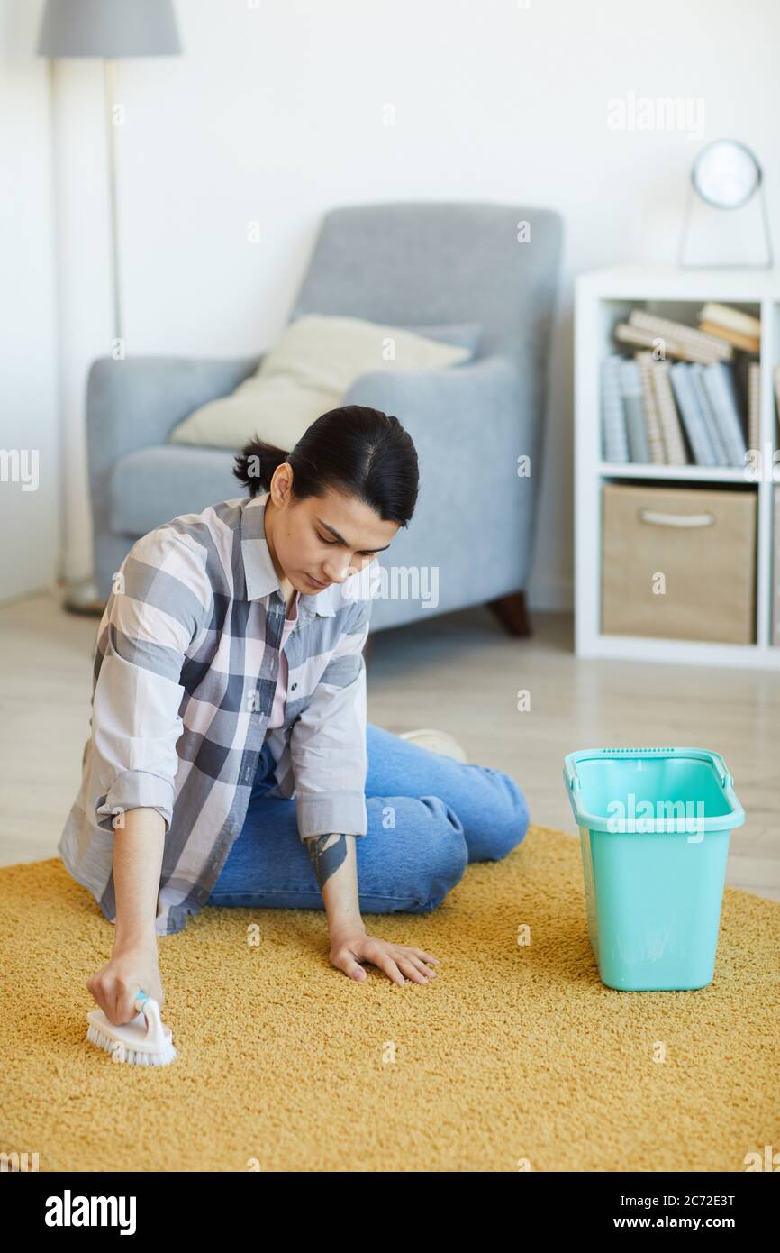 Jeune femme assise sur le sol et lavant la moquette avec un agent nettoyant dans le salon Banque D'Images