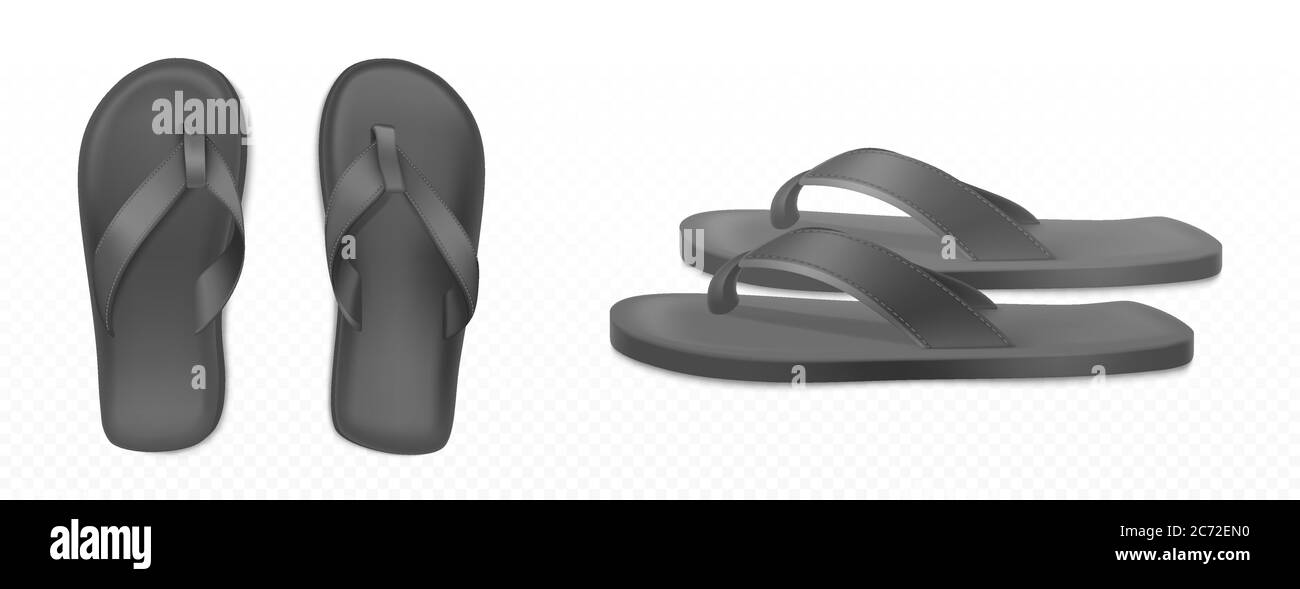 Pantoufles d'été noires pour la plage ou la piscine vue latérale sur fond transparent isolé. Vector Realistic blank tongs maquette, sandales en plastique avec thong, chaussures en caoutchouc pour les vacances en mer ou à la maison Illustration de Vecteur