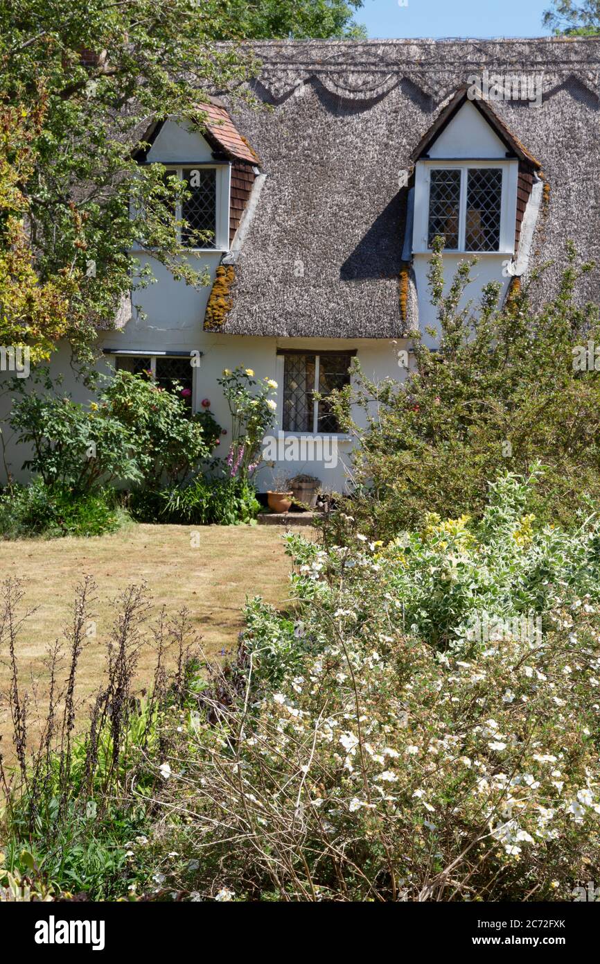 Maison traditionnelle anglaise avec toit de chaume et jardin de chalet, le village de Suffolk de Dalham, Suffolk Angleterre Royaume-Uni Banque D'Images