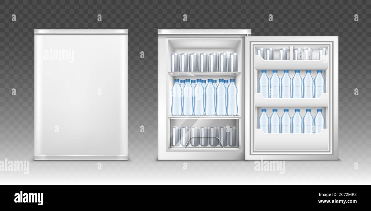 Petit réfrigérateur avec porte ouverte et fermée. Maquette réaliste Vector de mini réfrigérateur pour cuisine ou restaurant plein de bouteilles en plastique avec eau et boîtes en aluminium. Glacière blanche pour boissons Illustration de Vecteur