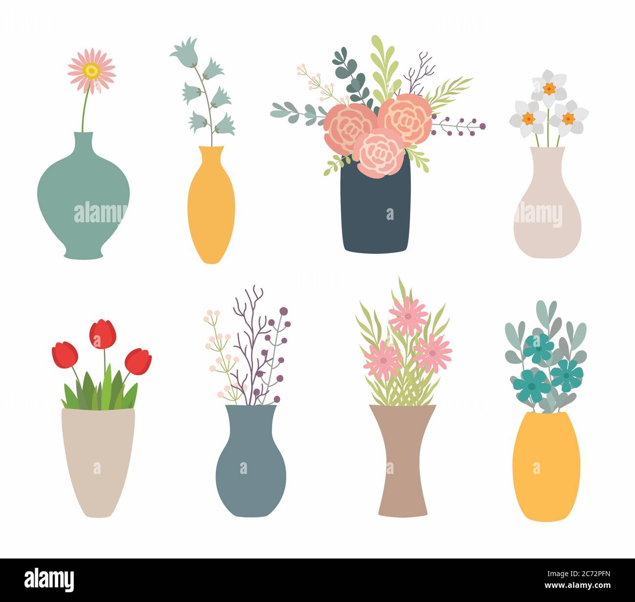Ensemble de fleurs dans des vases sur blanc Illustration de Vecteur