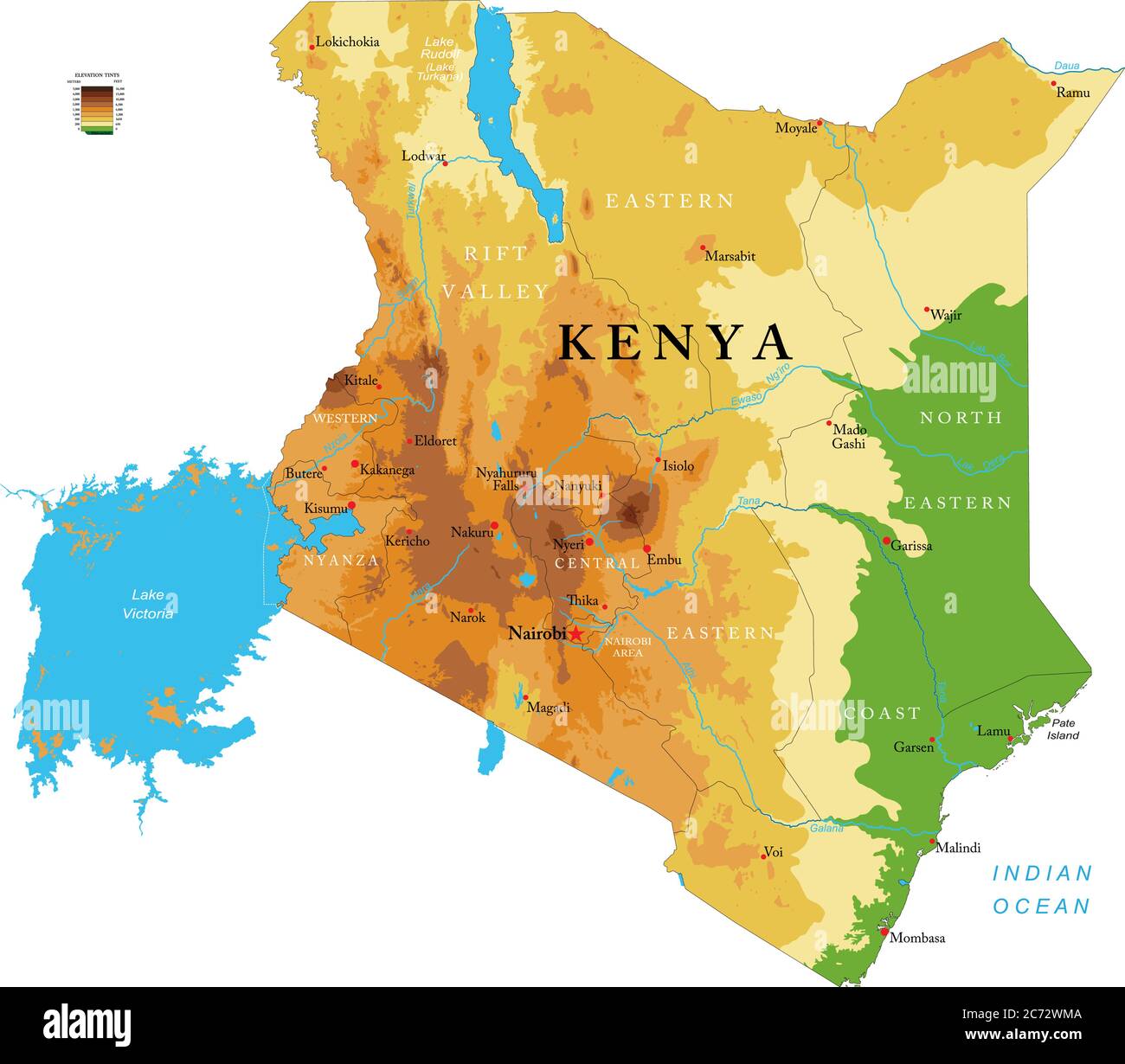 Carte physique très détaillée du Kenya, en format vectoriel, avec toutes les formes de relief, les régions et les grandes villes. Illustration de Vecteur