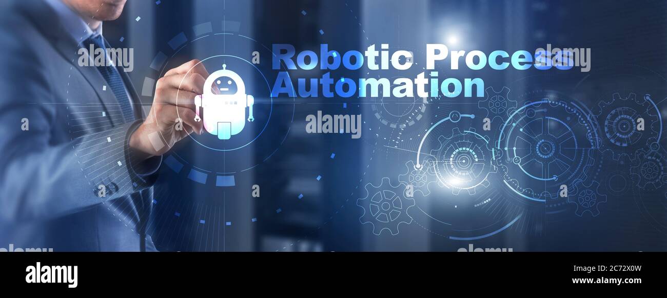 Automatisation des processus robotiques RPA. Concept de technologie sur écran virtuel. Analyse de Business par l'algorithme ai. Banque D'Images
