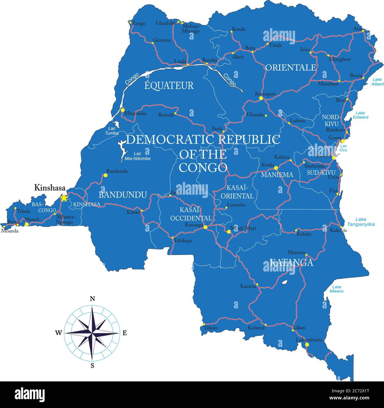 Carte vectorielle très détaillée de la République démocratique du Congo avec régions administratives, principales villes et routes. Illustration de Vecteur