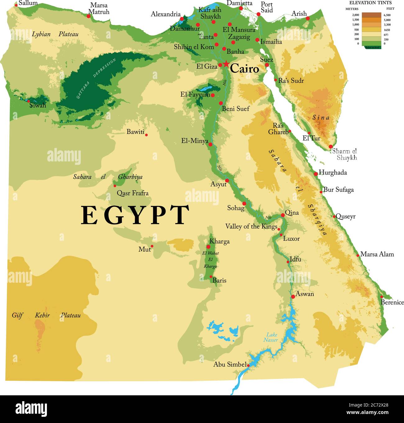 Carte physique très détaillée de l'Égypte , en format vectoriel, avec toutes les formes de relief, les régions et les grandes villes. Illustration de Vecteur