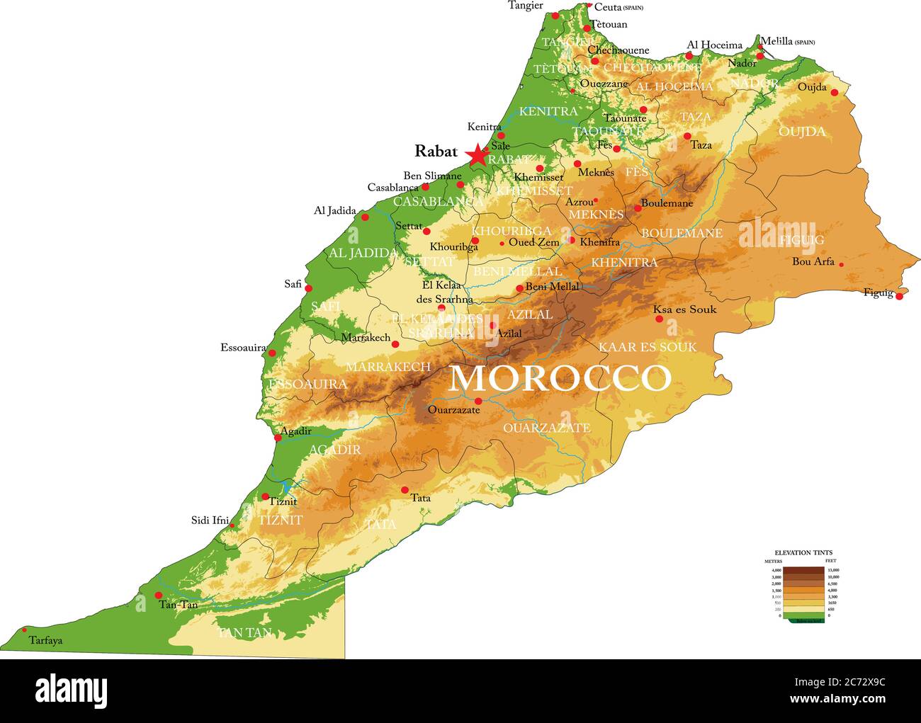 Carte physique très détaillée du Mprocco, en format vectoriel, avec toutes les formes de relief, les régions et les grandes villes. Illustration de Vecteur