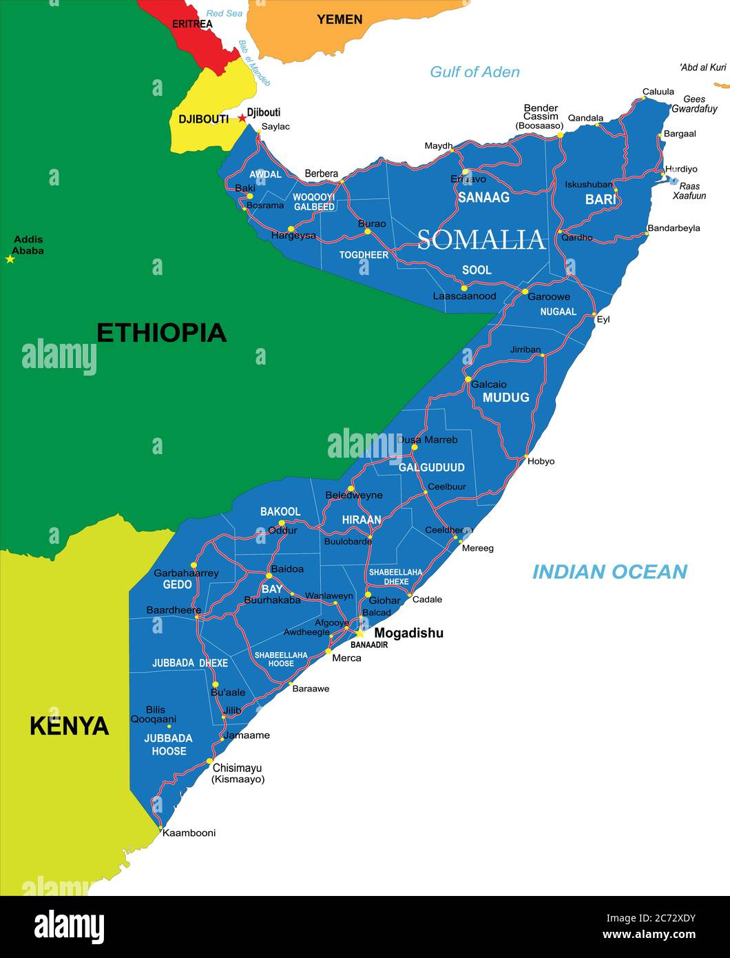 Carte vectorielle très détaillée de la Somalie avec régions administratives, villes principales et routes. Illustration de Vecteur