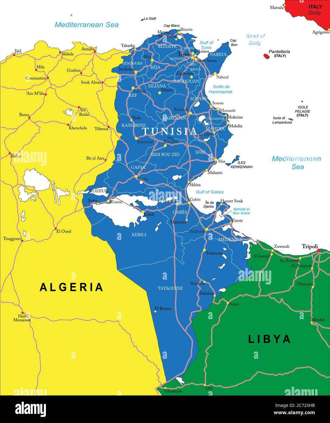 Carte vectorielle très détaillée de la Tunisie avec régions administratives, principales villes et routes. Illustration de Vecteur