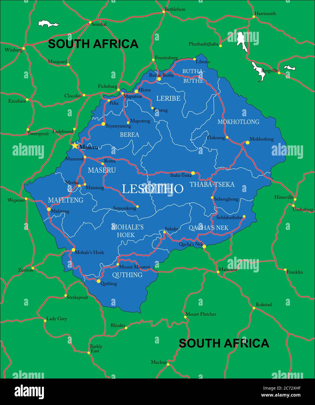 Carte vectorielle très détaillée du Lesotho avec régions administratives, principales villes et routes. Illustration de Vecteur