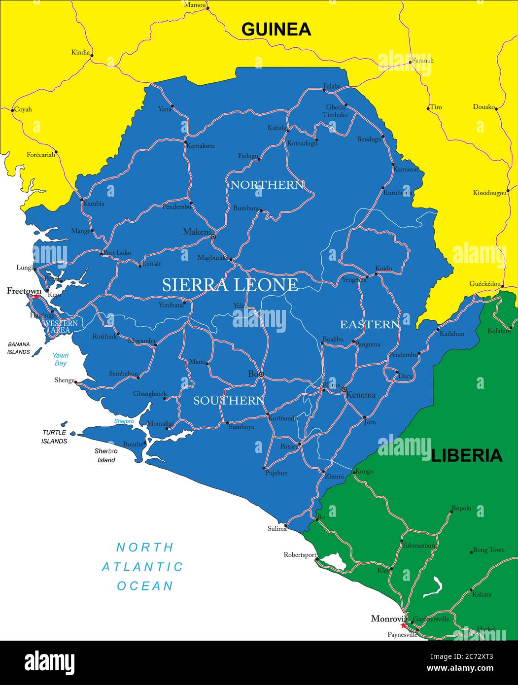 Carte vectorielle très détaillée de la Sierra Leone avec régions administratives, villes principales et routes. Illustration de Vecteur