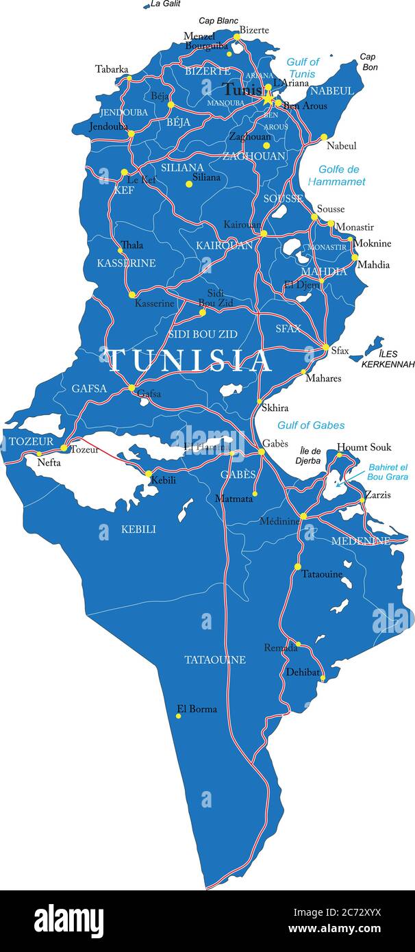 Carte vectorielle très détaillée de la Tunisie avec régions administratives, principales villes et routes. Illustration de Vecteur