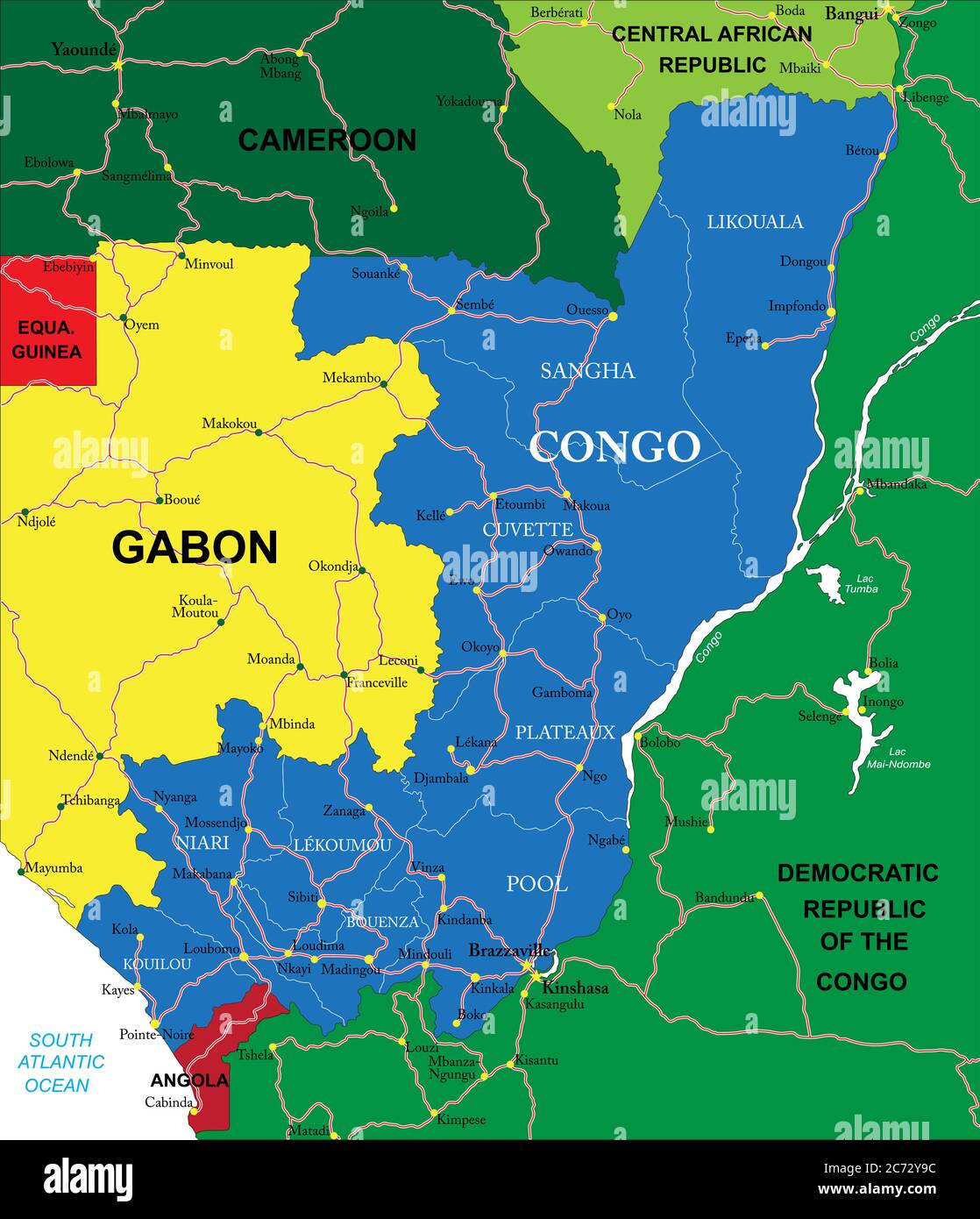Carte vectorielle très détaillée du Congo avec régions administratives, principales villes et routes. Illustration de Vecteur