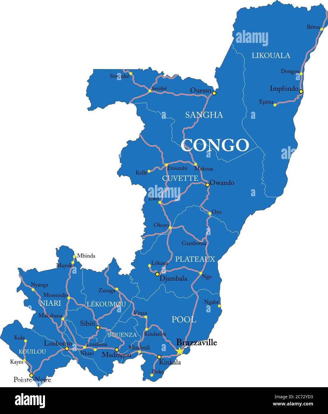 Carte Vectorielle Detaillee De La Republique Du Congo Avec Frontieres Nationales Noms De Comte Routes Principales Et Silhouette D Etat Tres Detaillee 2c72yd3 