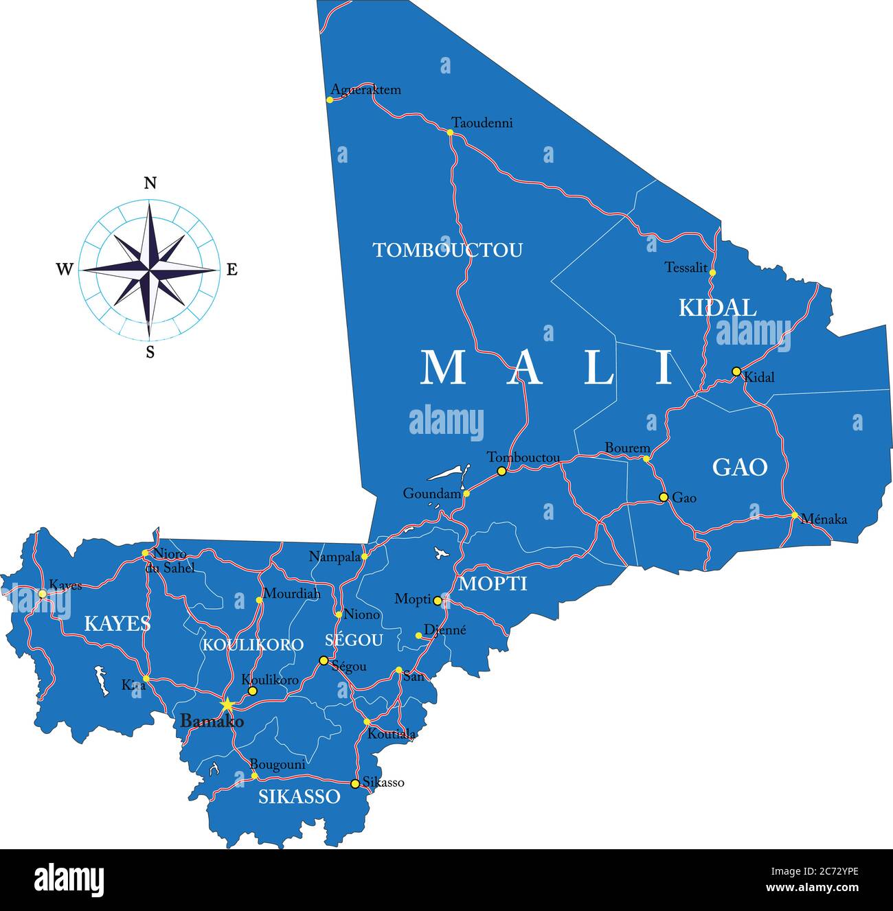 Carte vectorielle très détaillée du Mali avec régions administratives, principales villes et routes. Illustration de Vecteur