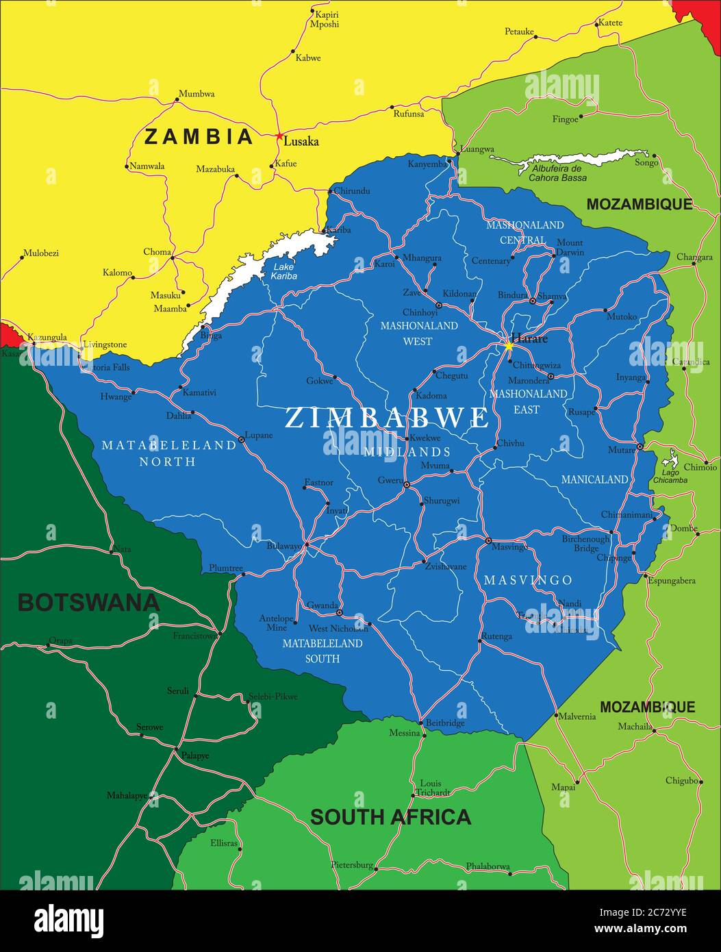 Carte vectorielle très détaillée du Zimbabwe avec régions administratives, principales villes et routes. Illustration de Vecteur