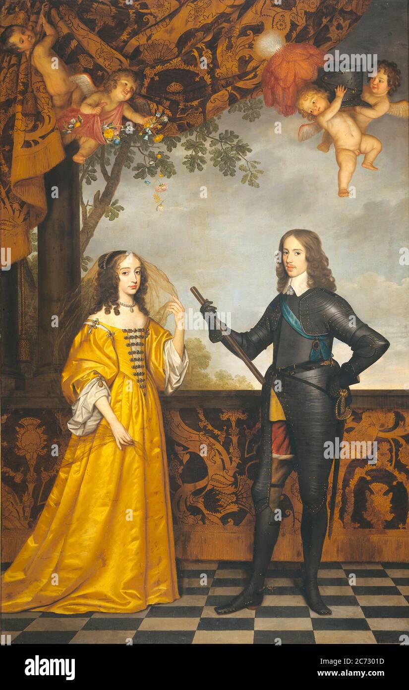 William II, Prince d'Orange, Et Marie, princesse Royale, 1647 par Gerard van Honthorst - William II (1626 – 1650) Prince souverain d'Orange et Stadtholder de Hollande, de Zélande, d'Utrecht, de Guelders, d'Overijssel et de Groningen dans les provinces-Unis des pays-Bas du 14 mars 1647 jusqu'à sa mort trois ans plus tard. Son seul enfant, William III, régna en tant que roi d'Angleterre, d'Irlande et d'Écosse. Et Marie, princesse Royale et princesse d'Orange, Marie, princesse Royale (1631 – 1660) comtesse de Nassau par mariage Banque D'Images