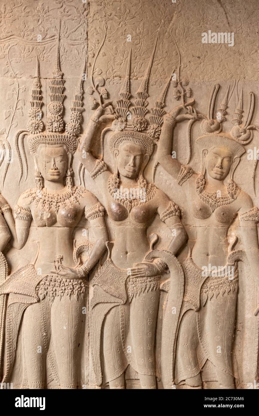 Reliefs sculptés à Angkor Wat, Siem Reap, Cambodge Banque D'Images