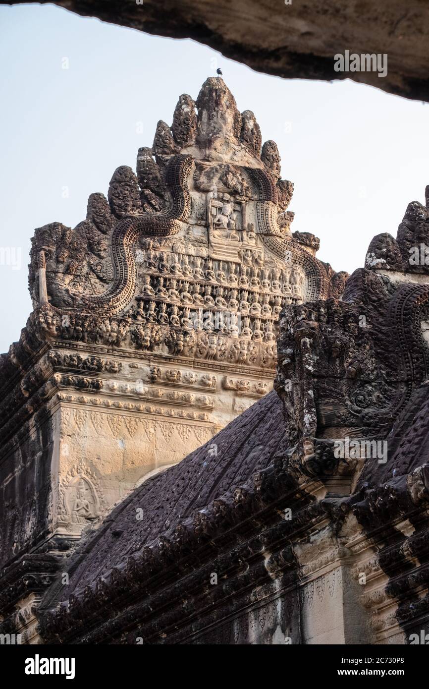 Sculptures sculptées à Angkor Wat, Siem Reap, Cambodge Banque D'Images