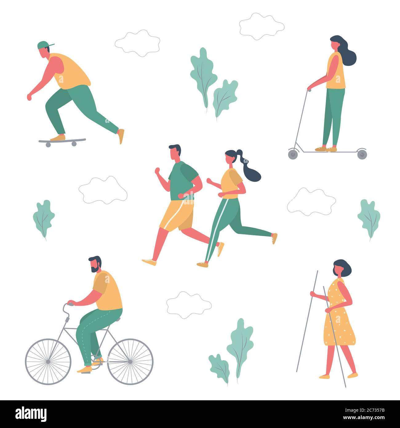 En été, activités pour les personnes dans le parc. Hommes et femmes courent, font du vélo, sur un scooter électrique, sur un skateboard, engagés dans la marche nordique Illustration de Vecteur