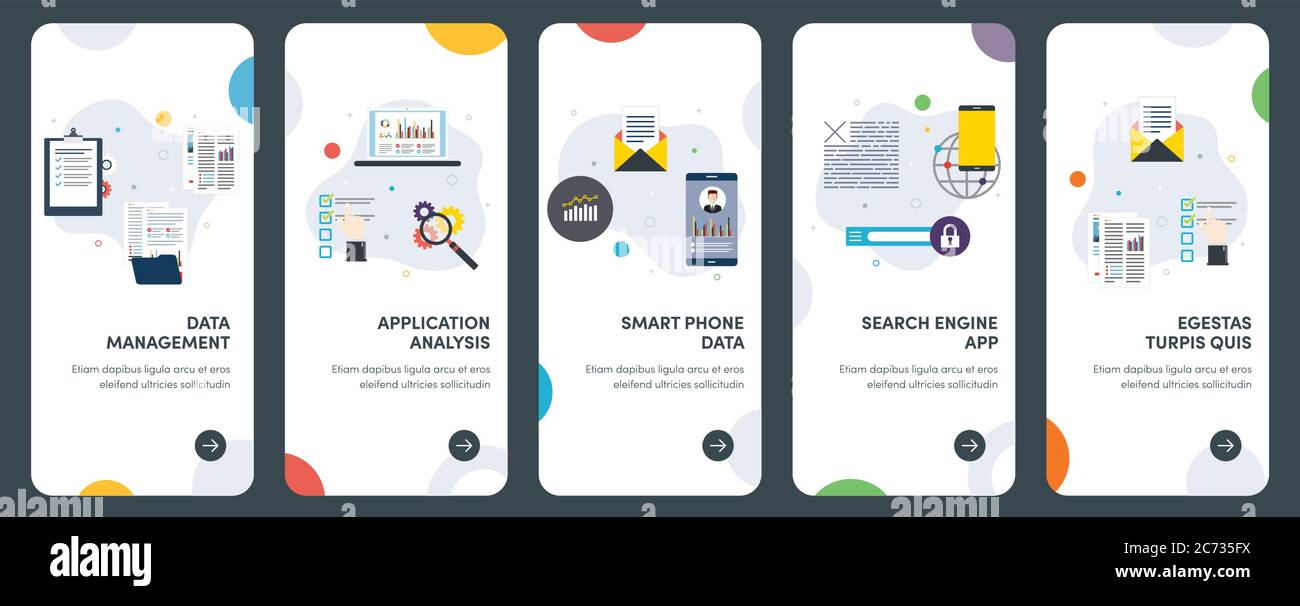 Ensemble d'icônes de conception plate pour la gestion, l'analyse, le smartphone et le moteur de recherche. UX, kit de modèles vectoriels d'interface utilisateur pour la conception Web, les applications, mobi Illustration de Vecteur