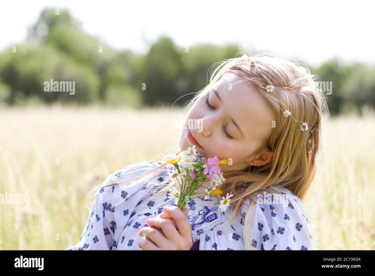 Une jeune fille assez hippie avec des cheveux blonds tient une posy de fleurs sauvages au soleil dans un champ de pâturage en été. Banque D'Images