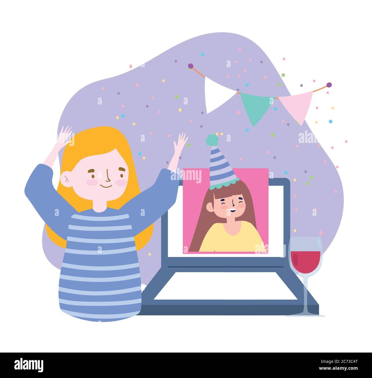 Fete En Ligne Rencontre Entre Amis Femmes Parlant Avec La Video Sur Ordinateur Portable Joyeux Anniversaire Illustration Vectorielle Image Vectorielle Stock Alamy