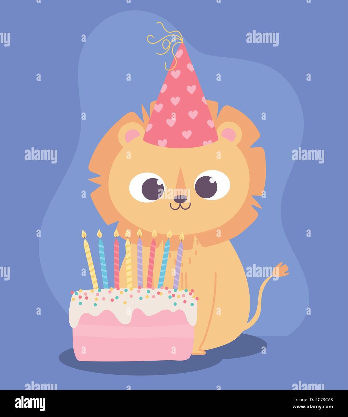 Joyeux Anniversaire Joli Petit Lion Avec Chapeau Et Gateau Celebration Decoration Dessin Anime Illustration Vectorielle Image Vectorielle Stock Alamy