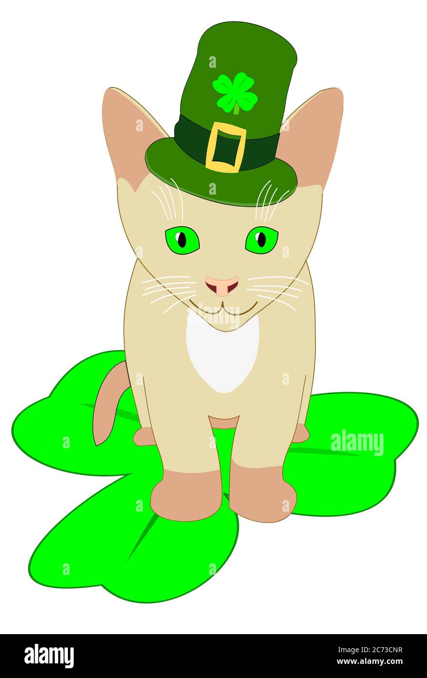 Illustration JPEG d'un chat de la Saint Patrick avec un chapeau vert et un shamrock. Isolé. Banque D'Images