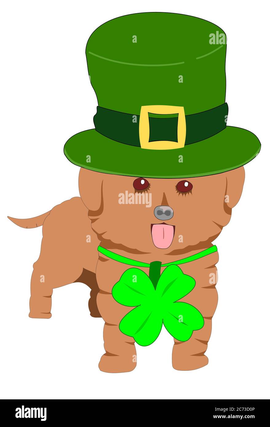 Illustration JPEG d'un chien de la Saint Patrick avec un chapeau vert et un shamrock. Isolé. Banque D'Images