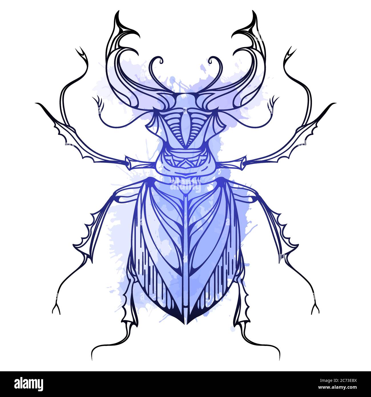 Scarabée de cerf vintage dessiné à la main avec des éclaboussures d'aquarelle bleue. Insecte avec motif de caniche. Elément vectoriel pour le dessin de tatouage, impression sur T-shirts, post Illustration de Vecteur