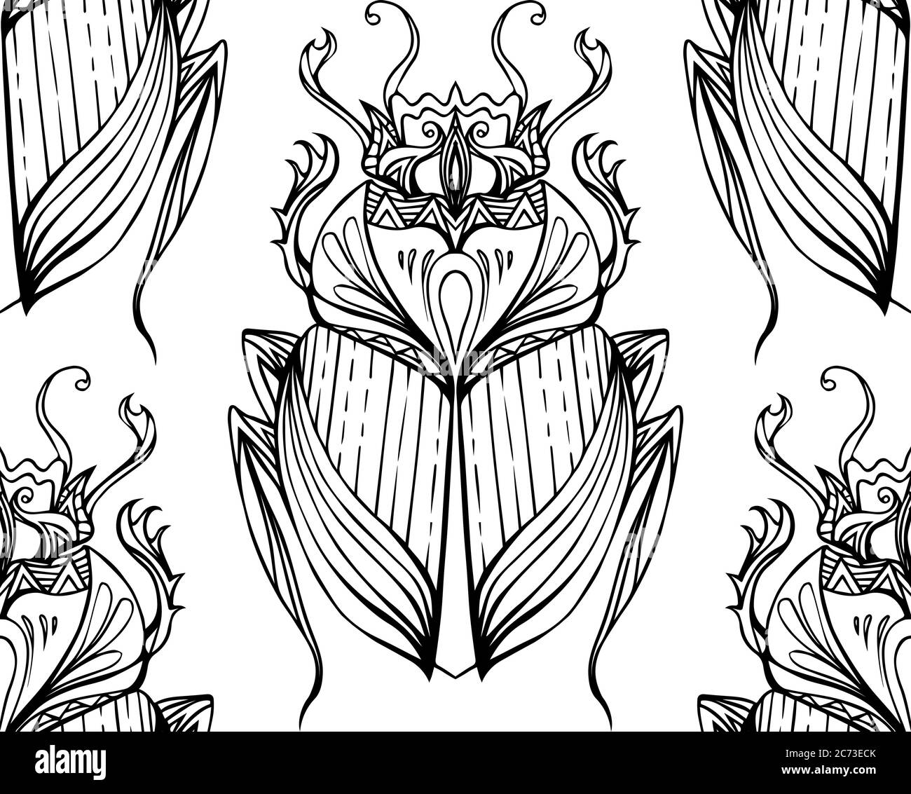 Motif noir et blanc sans couture avec scarabée tribale dessinée à la main. Arrière-plan vectoriel avec motif de caniche pour votre conception Illustration de Vecteur