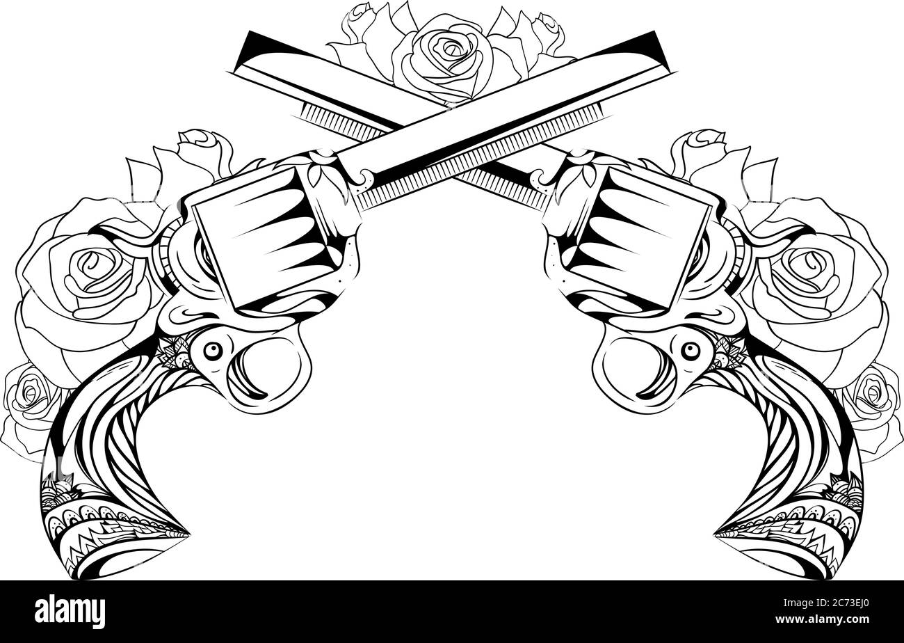 Illustration vectorielle vintage de deux revolvers avec roses. Duel. Tatouages de design, cartes postales. Illustration de Vecteur