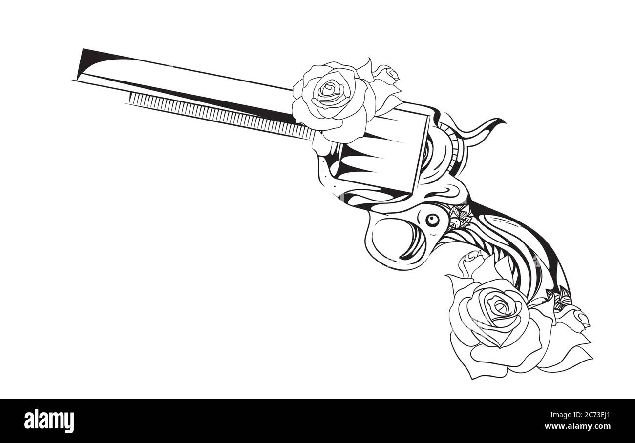 Illustration vectorielle vintage de revolver avec roses. Vecteur vintage élément pour le motif tatouage imprimé sur un T-shirt, cartes postales et votre créativité Illustration de Vecteur