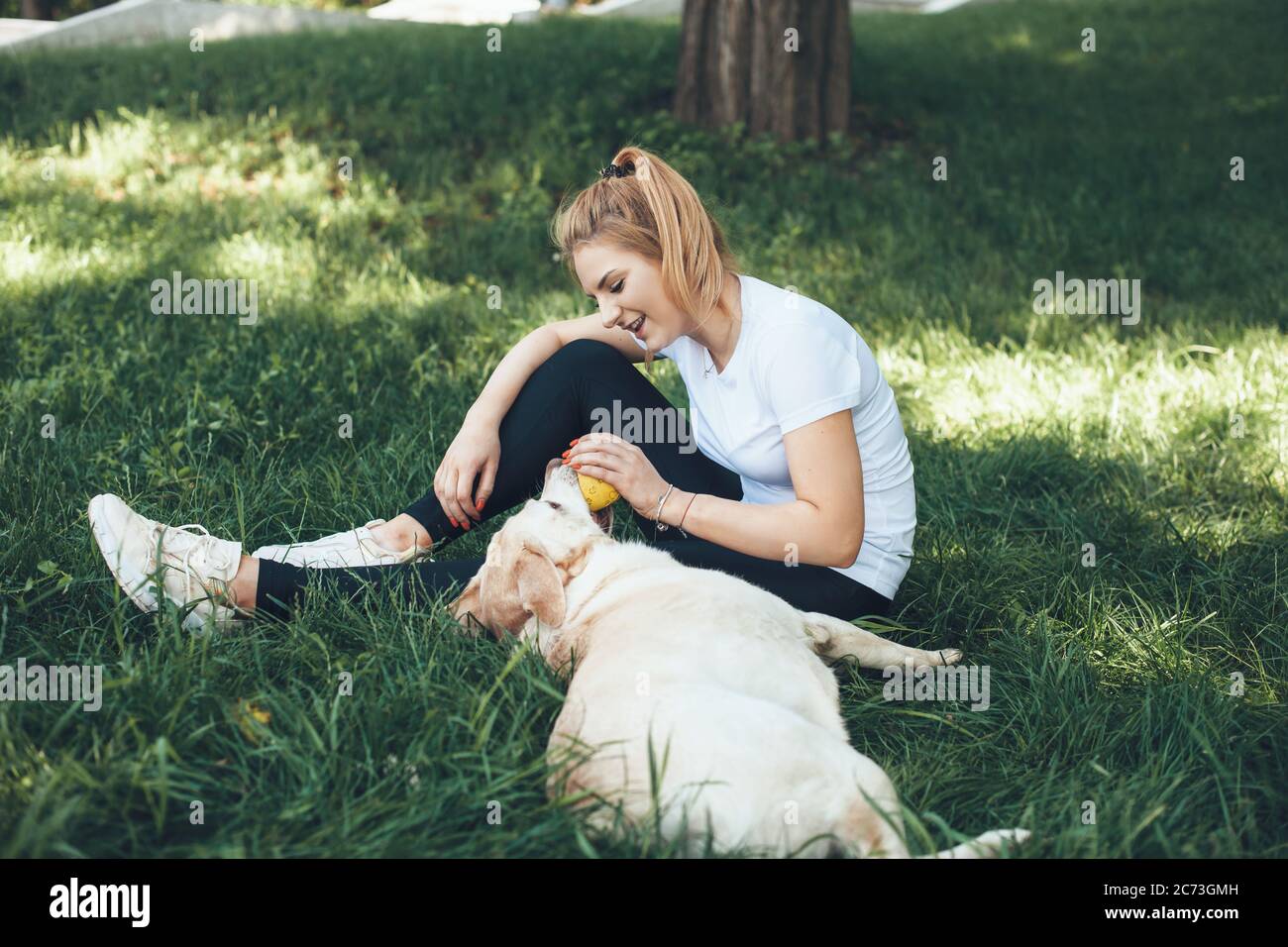 Une dame blonde assise sur l'herbe et jouant avec son Labrador doré avec un jouet Banque D'Images