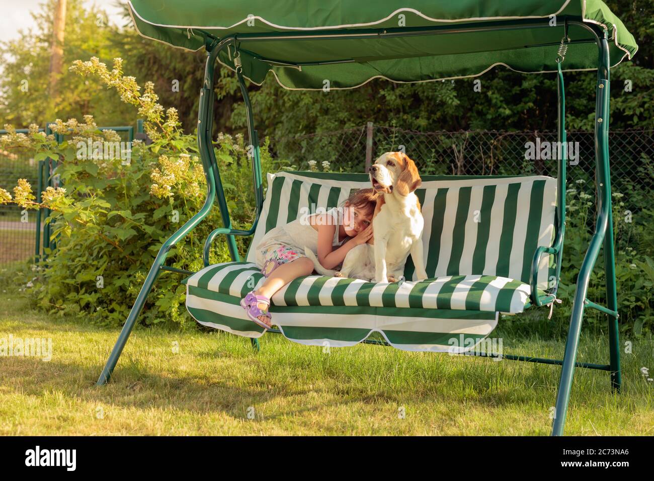 La petite fille repose sur un banc avec son chien. Soirée d'été dans le jardin. Banque D'Images