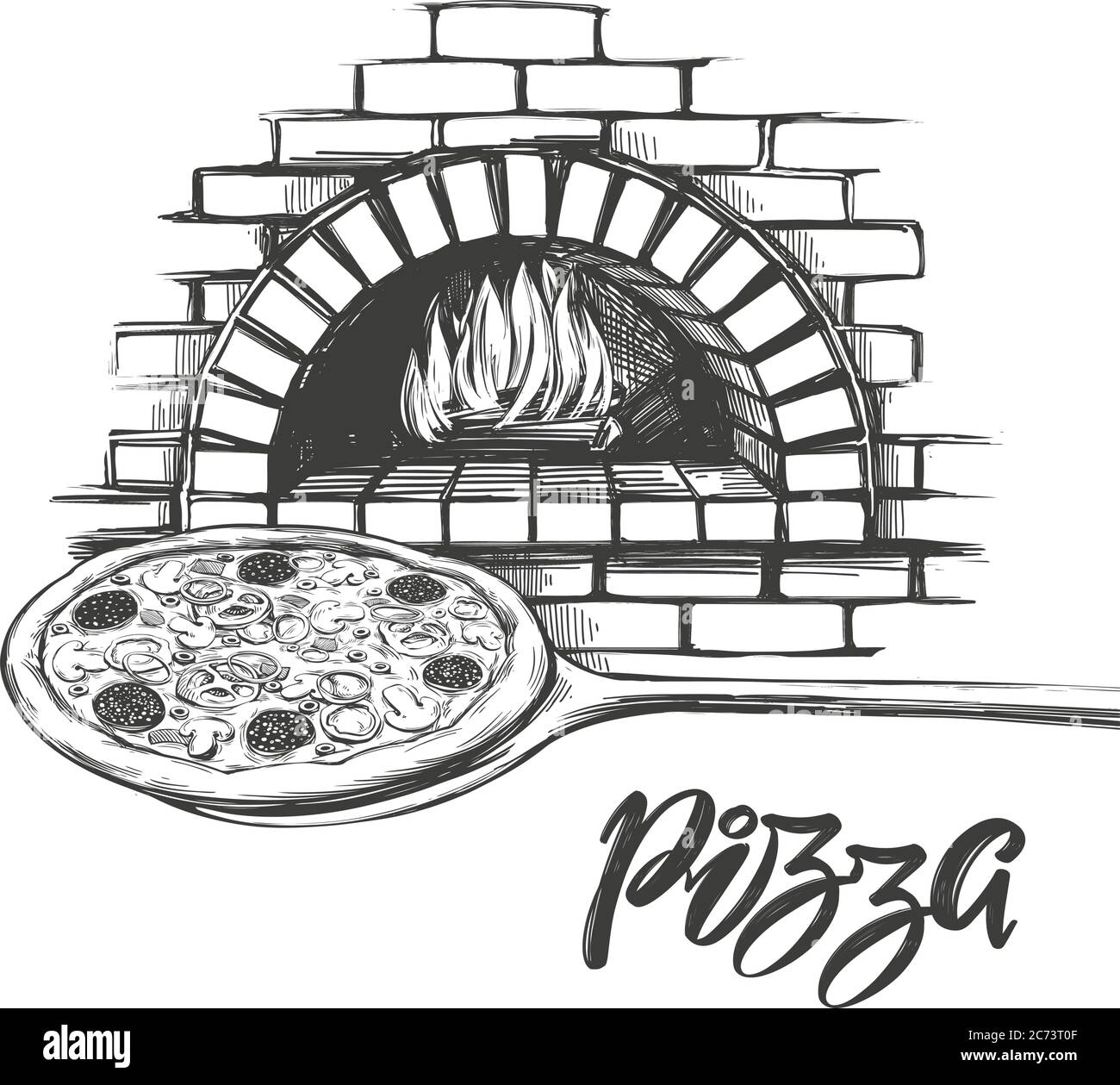 Pizza italienne, processus de cuisson de pizza, cuisson au feu, logo, dessin à la main illustration vectorielle croquis réaliste. Illustration de Vecteur