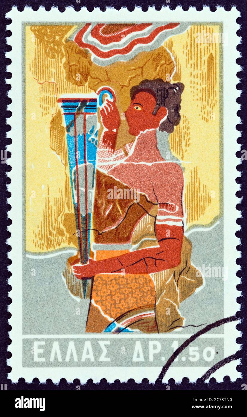 GRÈCE - VERS 1961 : un timbre imprimé en Grèce de l'édition de 'l'art inoent' montre le porteur de Rhyton, Knossos, vers 1961. Banque D'Images