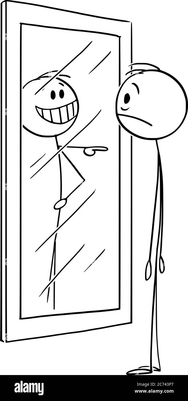 Vecteur dessin dessin dessin dessin dessin dessin dessin conceptuel de l'homme frustré avec une faible confiance ou estime de soi regardant vous-même dans le miroir, son reflet ou l'image est rire de lui. Illustration de Vecteur