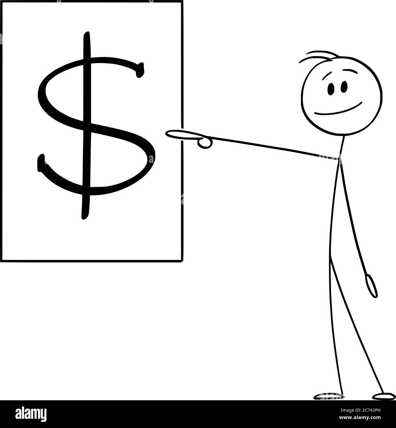 Dessin vectoriel de dessin animé dessin dessin illustration conceptuelle de l'homme souriant ou homme d'affaires pointant vers le symbole dollar. Illustration de Vecteur