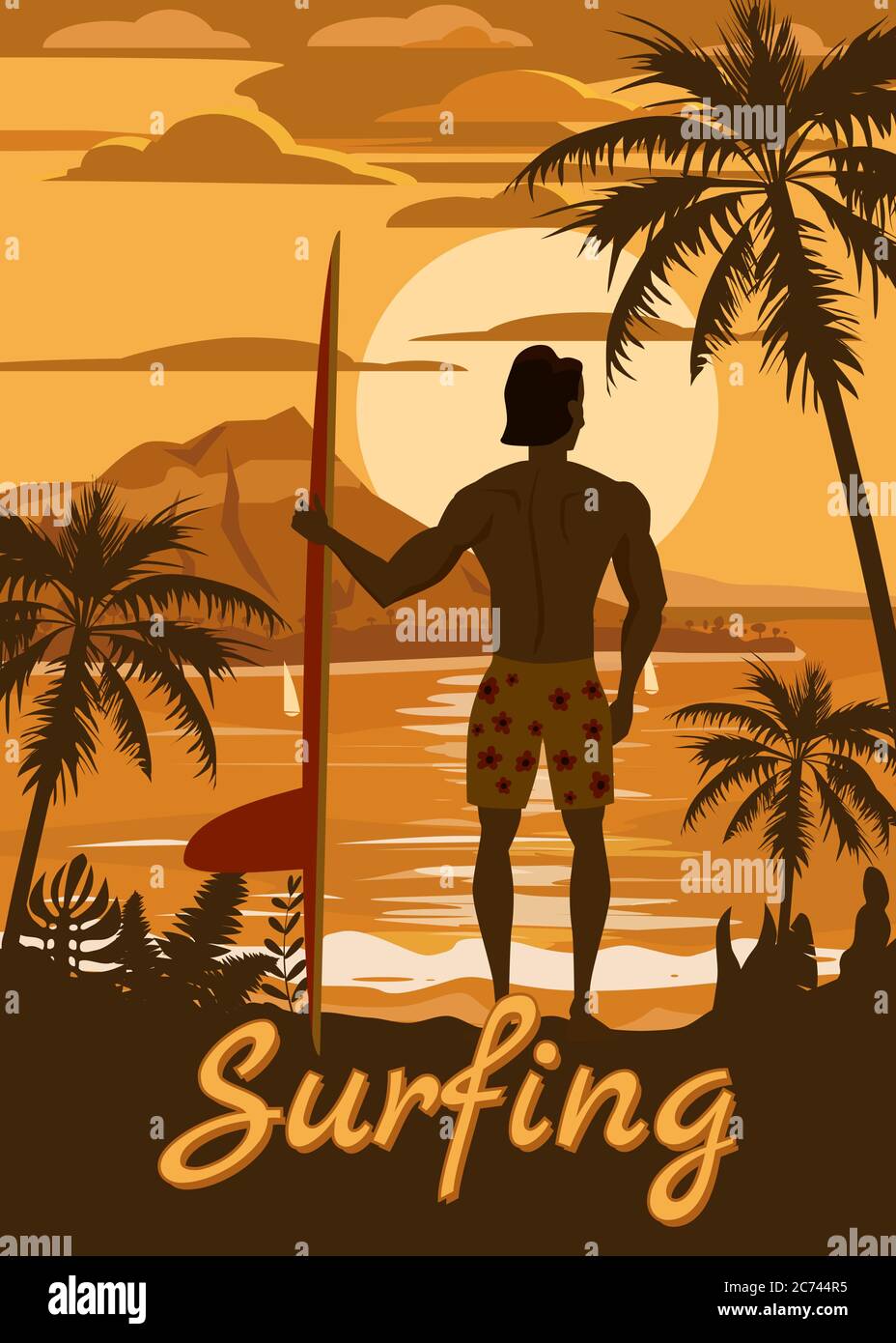 Surfeur debout avec planche de surf sur la plage tropicale vue arrière. Surf palmiers thème océan rétro vintage. Affiche de modèle isolée d'illustration vectorielle Illustration de Vecteur