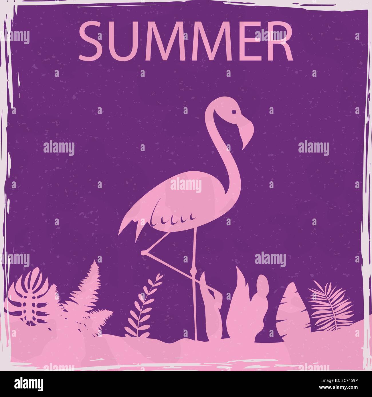 Flamingo été tropical oiseau exotique florale affiche vintage. Carte rétro texturée effet grunge avec texte été. Silhouette d'illustration vectorielle Illustration de Vecteur