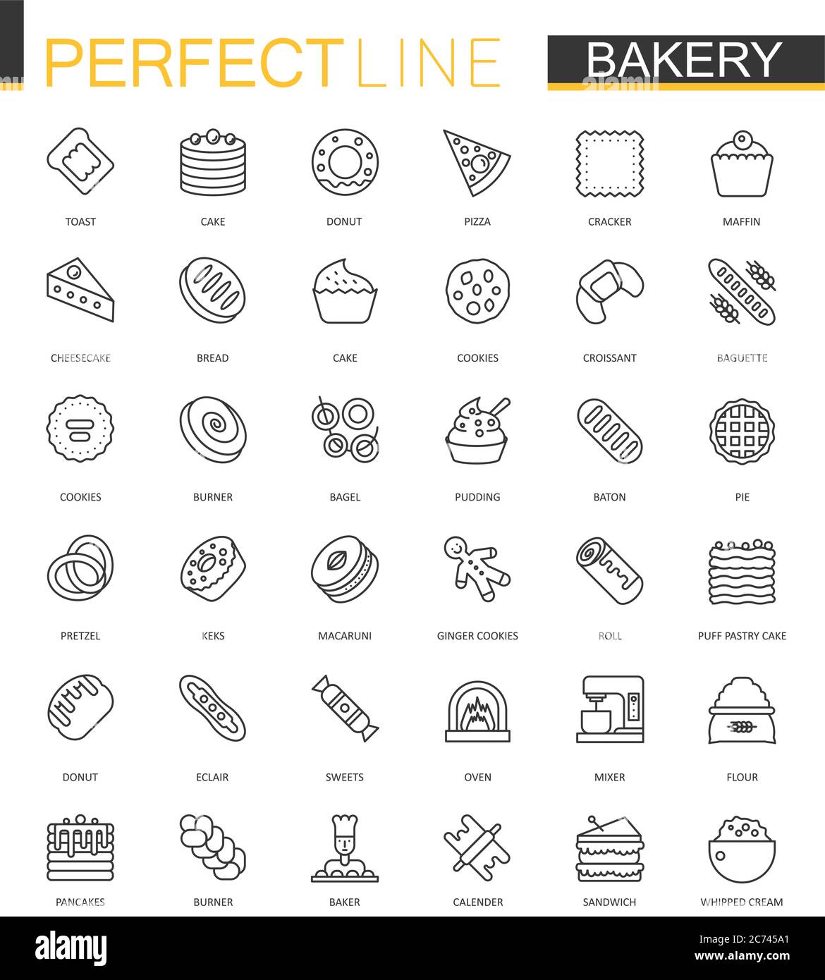 Jeu d'icônes de la bande fine de boulangerie. Motif icônes de contour de pâtisserie Illustration de Vecteur